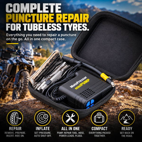 Compact motorcycle tubeless tyre puncture repair and inflation kit