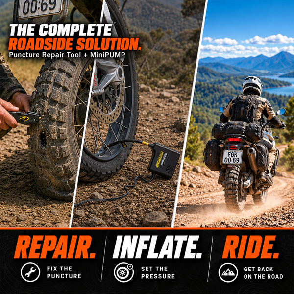 MotoPressor motorcycle puncture repair combo showing repair, inflation and riding