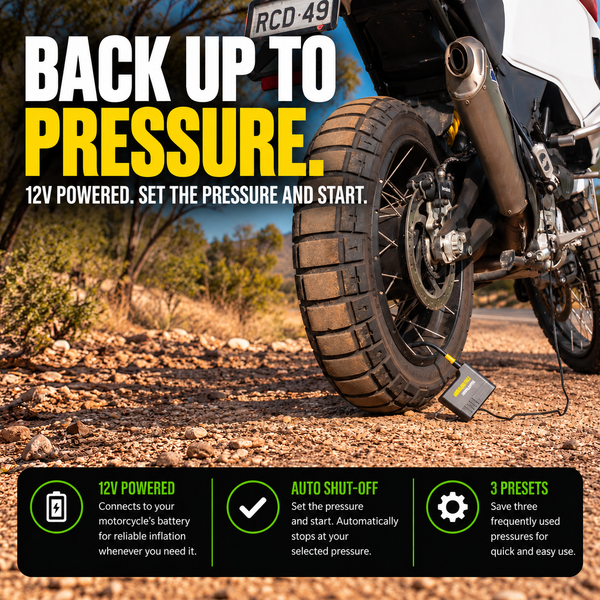 MotoPressor MiniPUMP inflating a motorcycle tyre at the roadside