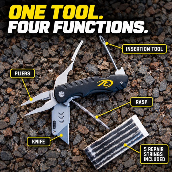MotoPressor 4-in-1 Puncture Repair Tool with pliers, rasp, insertion tool, knife and repair strings