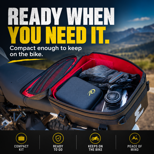 MotoPressor MiniPUMP puncture repair kit packed in motorcycle luggage ready when you need it
