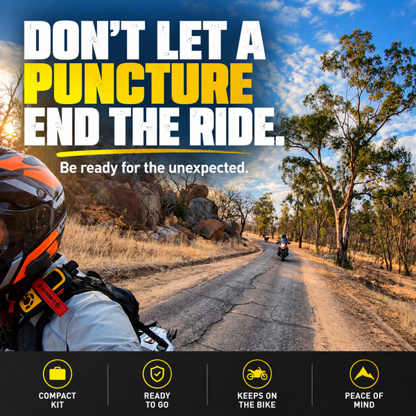 Motorcycle riders on the road carrying a compact MotoPressor puncture repair and inflation kit