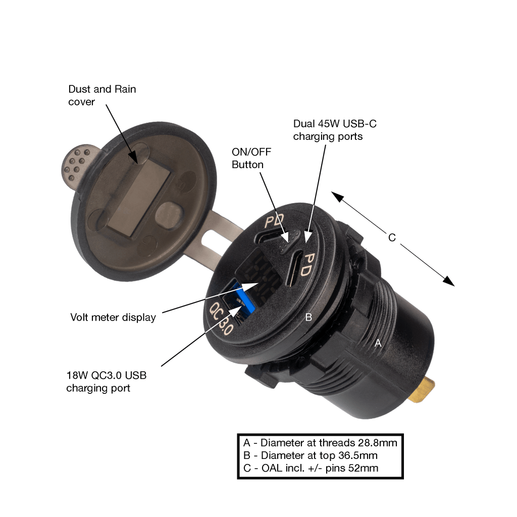 PA033 Dual port USB-C and USB-A power adapter/voltmeter
