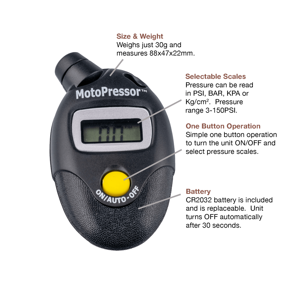MotoPressor Pocket Pump V2, Puncture Repair Tool and Digital Tyre Gauge Combo