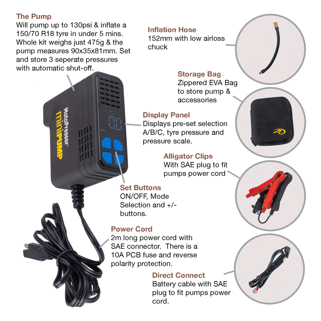 MotoPressor MiniPump V2 and Puncture Repair Tool Combo