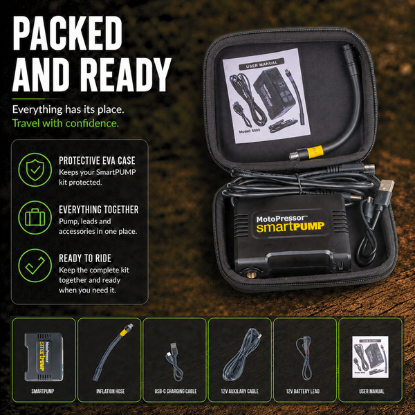 MotoPressor SmartPUMP motorcycle tyre inflator kit packed in its protective EVA carry case with accessories