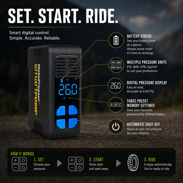 MotoPressor SmartPUMP digital motorcycle tyre inflator with pressure display, three preset memory settings and automatic shut-off
