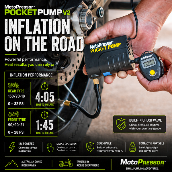 MotoPressor PocketPUMP V2 motorcycle tyre inflation performance
