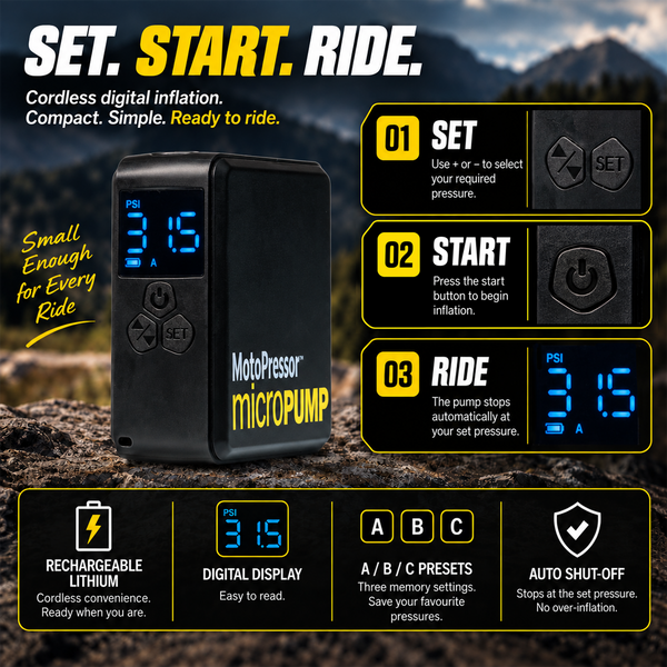 MotoPressor MicroPUMP – Compact Cordless Motorcycle Tyre Inflator