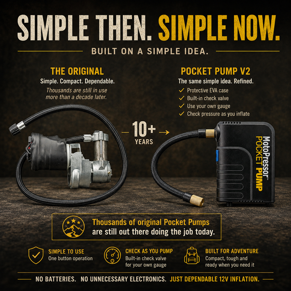 MotoPressor PocketPUMP original and PocketPUMP V2 motorcycle tyre inflators