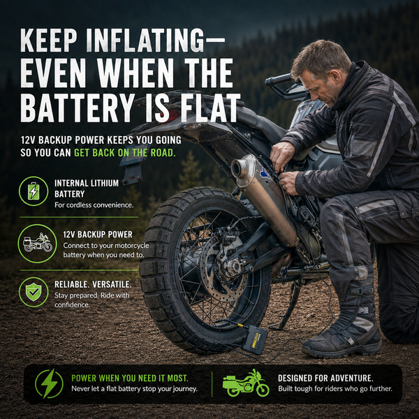 MotoPressor SmartPUMP connected to a motorcycle for 12V backup power while inflating a tyre