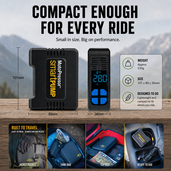 Compact MotoPressor SmartPUMP motorcycle tyre inflator showing dimensions, weight and motorcycle storage options