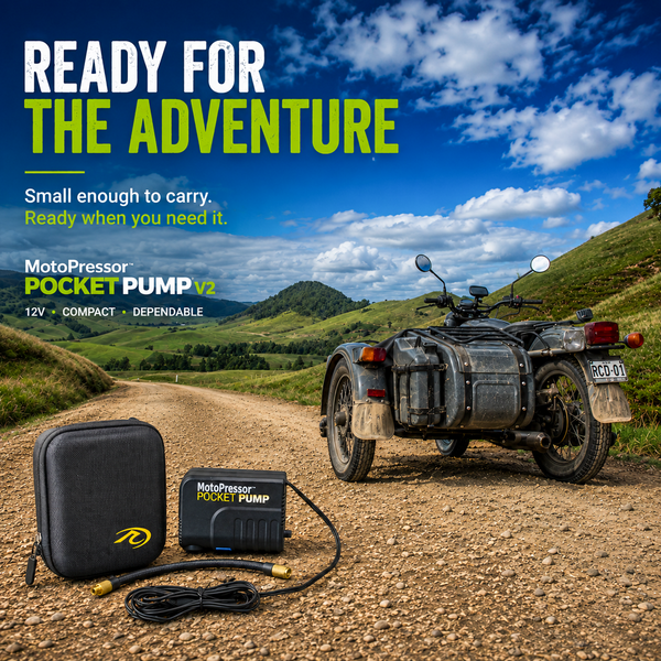 MotoPressor PocketPUMP V2 compact inflator packed for motorcycle adventure
