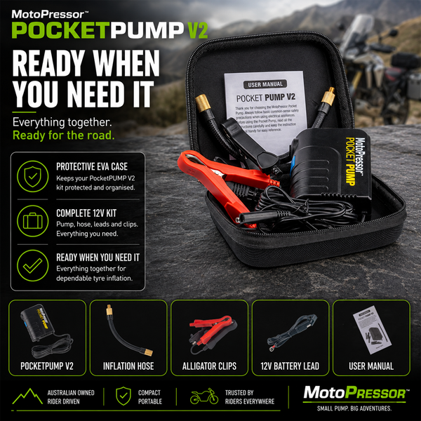 MotoPressor PocketPUMP V2 complete motorcycle tyre inflator kit